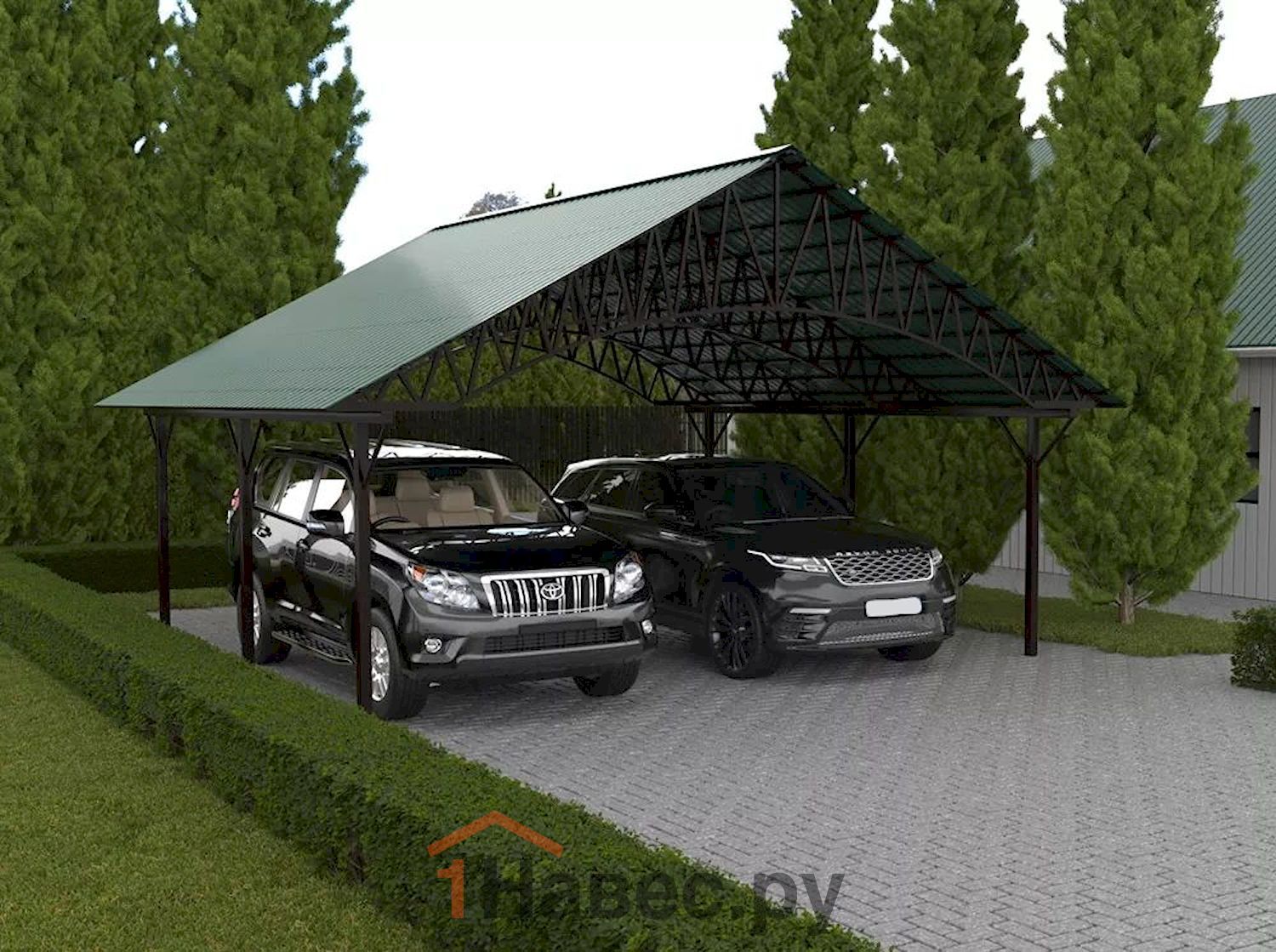 Двускатный навес из профнастила для авто на 2 места