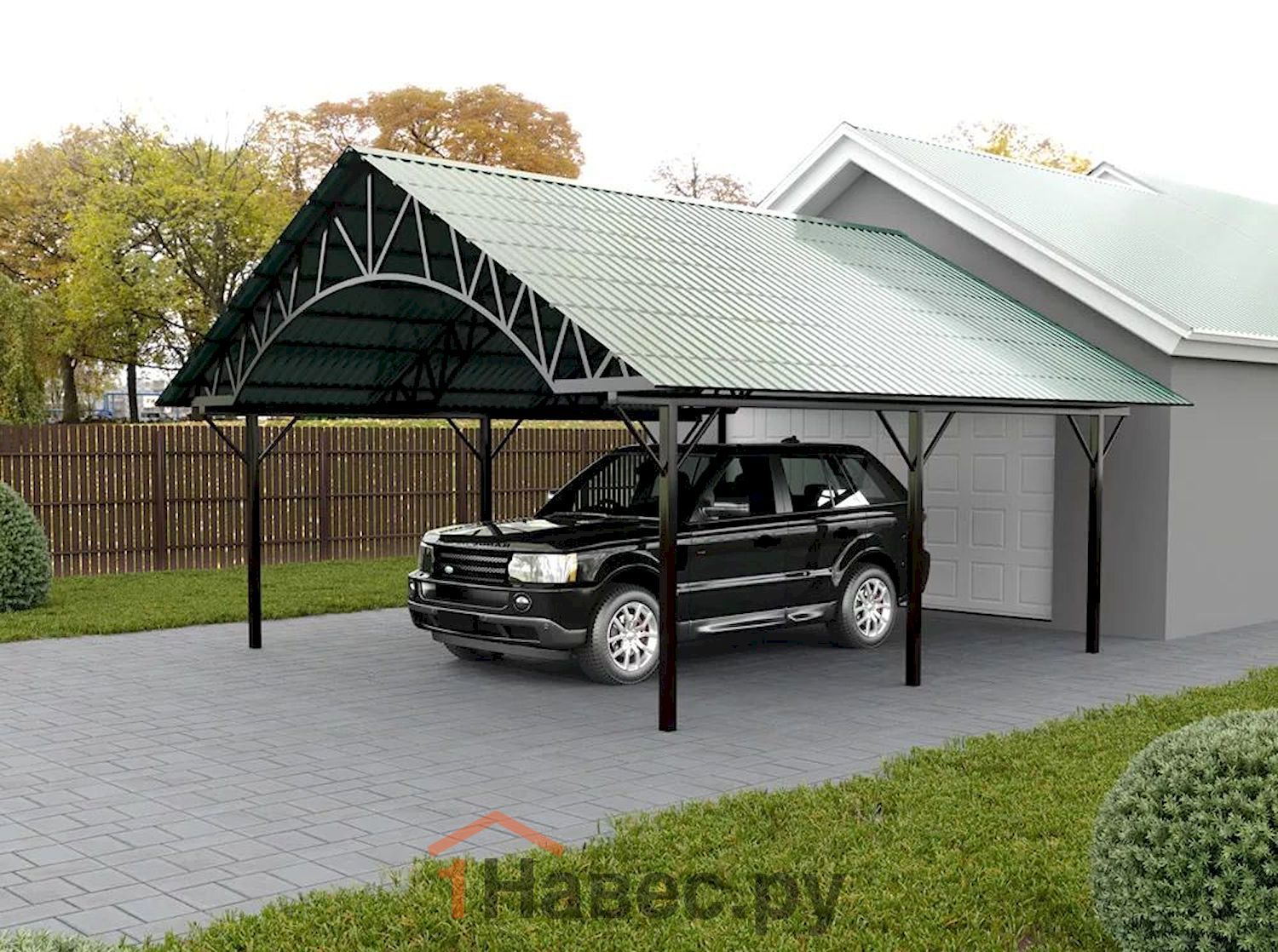 Двускатный навес из профнастила к гаражу